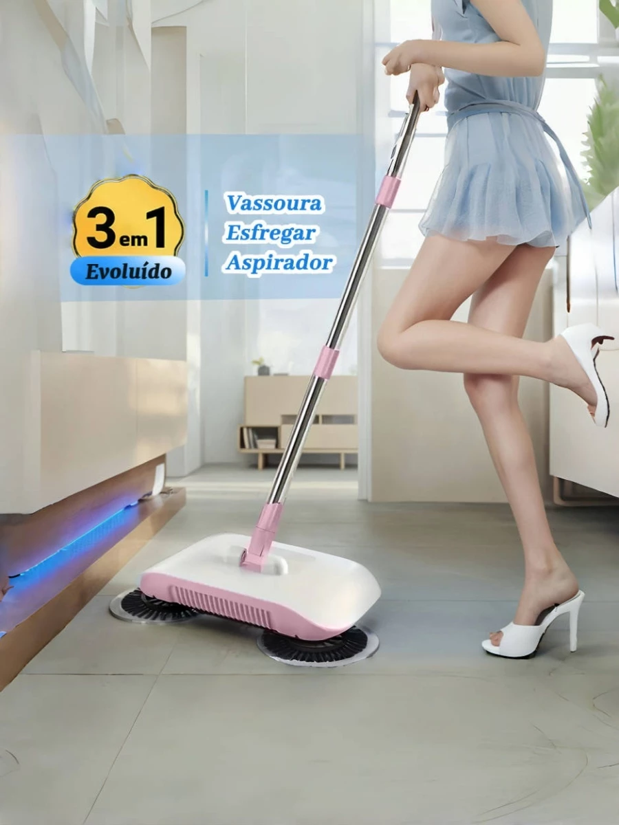 Vassoura Mágica 3 em 1: Máquina de Varrer Manual, Passa Pano e Aspirador para Limpeza Prática!