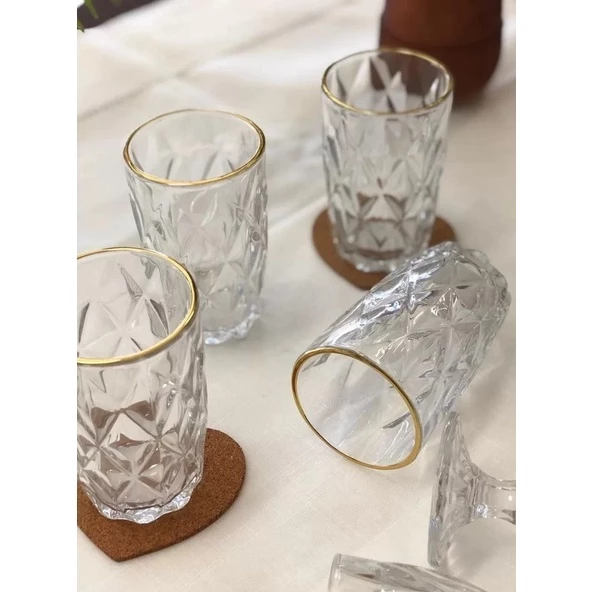 Jogo Com 6 Copos Diamond Borda Dourada Transparente 340ml