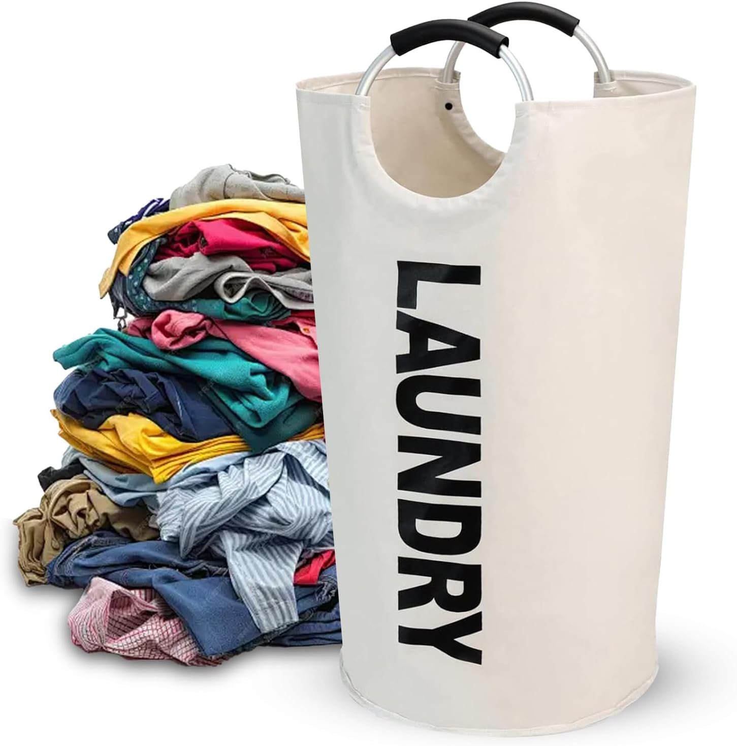 Cesto de roupa grande de 90L, saco de lavanderia dobrável, cesto de roupas alto independente, cesto de lavagem dobrável - branco