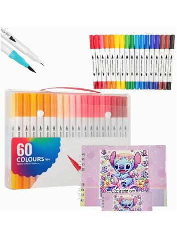 Kit 60 Canetinhas Ponta Dupla (Pincel + Fina) + Livro de Colorir Sttich Capa Dura 50 Folhas – Estojo com Alça para Desenho