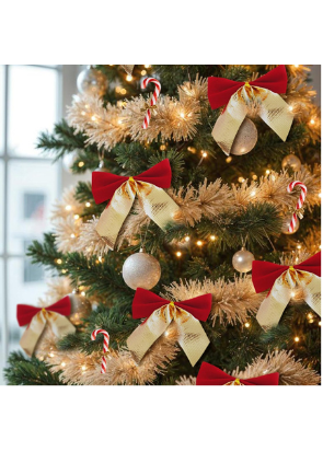 Ornamento de árvore de Natal com laço pequeno pingente de árvore de Natal enfeites de festa de ano novo para casa (vermelho + dourado) 12 peças