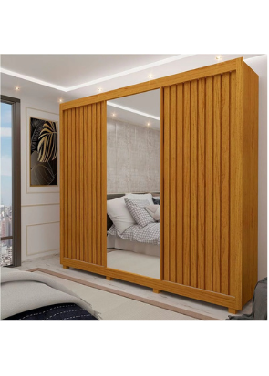 Guarda Roupa Casal com Espelho 3 Portas Pés Royale Ripado 100% MDF Naturale
