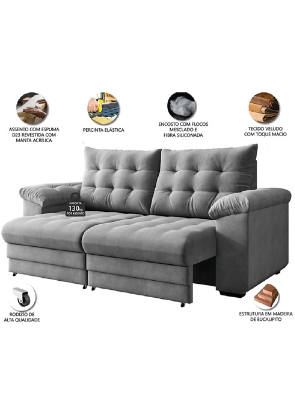 Sofá Retrátil e Reclinável Bipartido 3 Lugares 2,30m Suede Veludo Coliseu Selmer (Cinza)