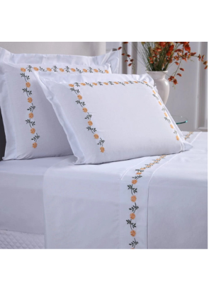Jogo de Cama Queen 100% Algodão Bordado Percal 04 Peças Margarida Jogo de Lençol Queen Size Algodao