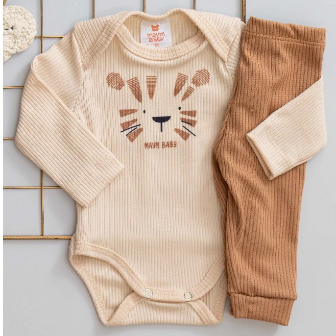 Conjunto Body Bebê Pagão Canelado Longo Tigrinho